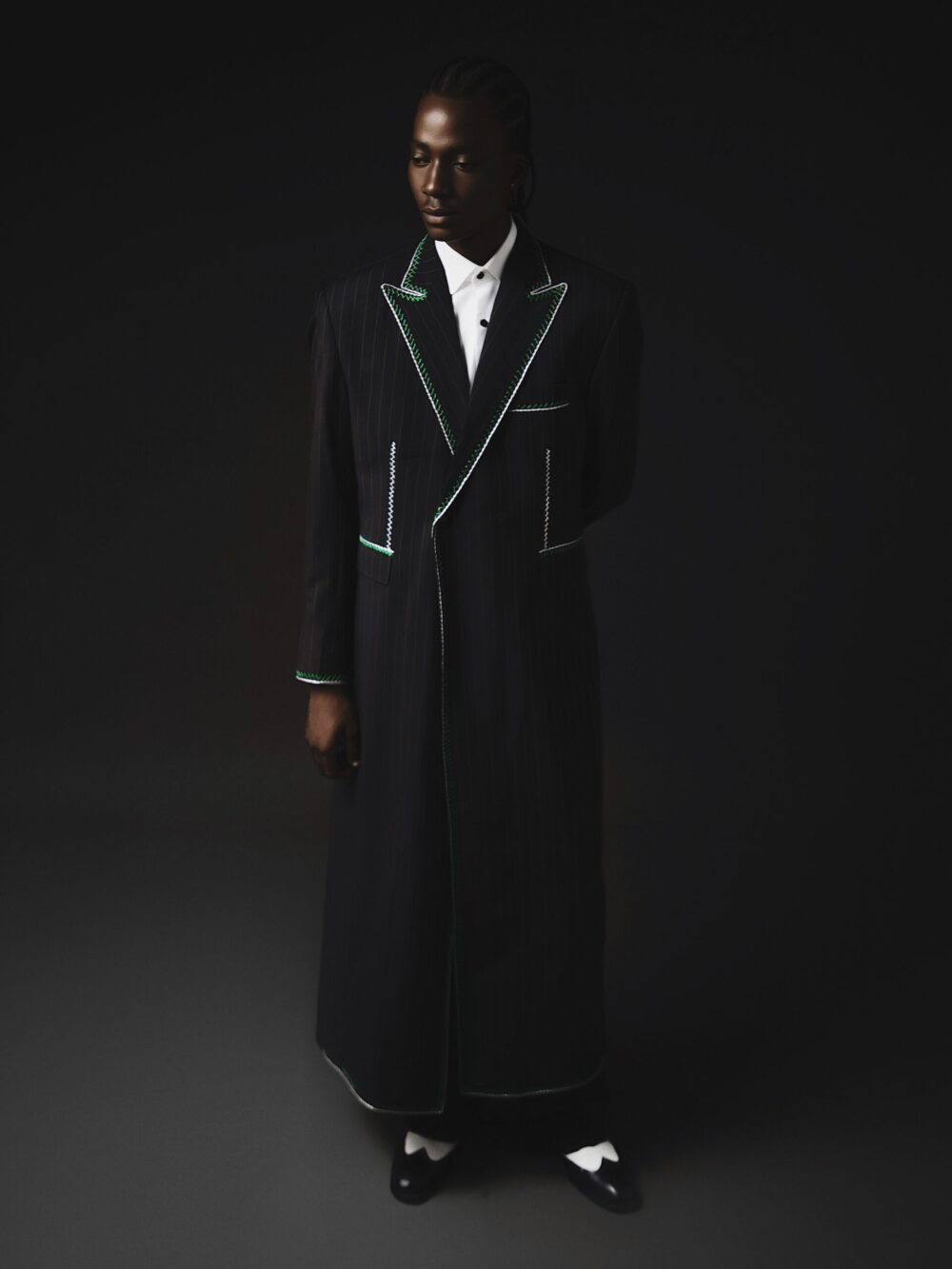 PINSTRIPED LONG JACKET WITH THREADING DETAILING