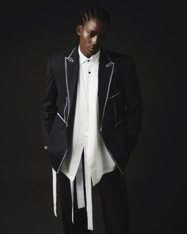 PINSTRIPED SUIT WITH THREADING DETAILING