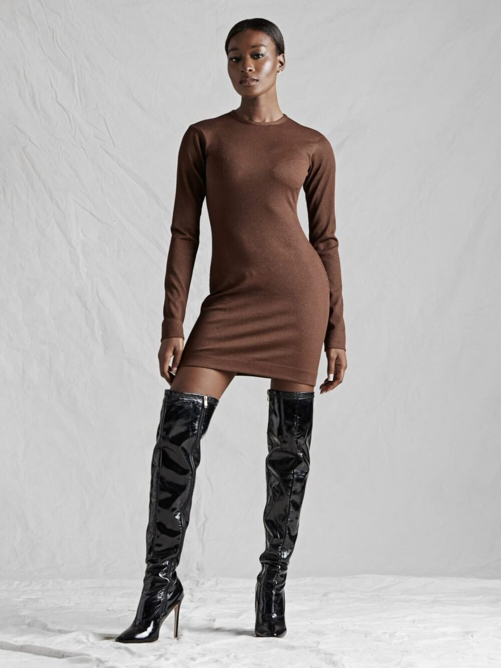 BROWN RIBBED DRESS